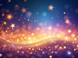 Glittering gradient background with hologram effect and magic lights. Holographic abstract fantasy backdrop with fairy sparkles, gold stars and festive blurs photo