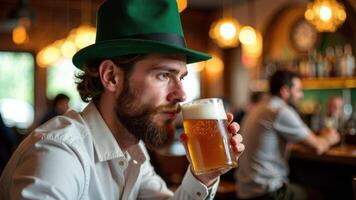 Happy man wearing a green hat and holding a pint of beer in a lively pub. A cheerful moment celebrating St. Patrick's Day with Irish spirit and festive vibes photo