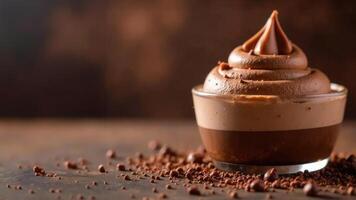 Appetizing dessert of chocolate custard cream and airy souffle with chocolate chips in a transparent plate with copy space. Banner for a pastry shop, cafe, menu, sweet recipes and restaurants photo