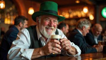 An elderly smiling man with a beard in a traditional Irish hat sits at the counter bar of a beer pub, drinks a foamy light beer from a mug. The man celebrates St. Patrick's Day in a pub photo