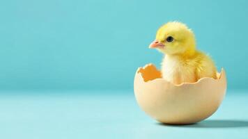 fluffy yellow chick hatches from an eggshell against a pastel blue background, symbolizing new beginnings, spring, and Easter celebrations. Copy space photo