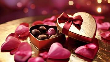 Open box of chocolates and heart shape, rose petals slowly falling in the background video