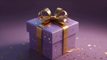 Purple gift box with gold ribbon, confetti slowly falling in the background, smooth camera movement video