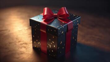 Festive black gift box with red ribbon, soft gold bokeh flashes on the background, camera slowly moving around video