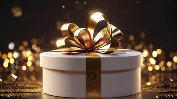 Festive white gift box, gold confetti slowly falling in the background, camera movement is fixed in one position video