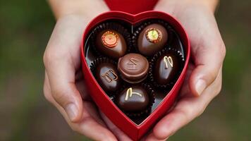 Heart-shaped candy box in hands, macro shooting, camera slowly moving, valentine's day video