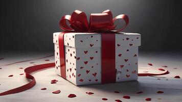White gift box with red ribbon and heart pattern, confetti slowly falling in the background, smooth camera movement video