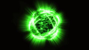 The green sparkling energy of liquid plasma rotates inside the sphere, scattering rays into space. video