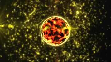 Abstract cosmic energy in golden shade. An unstable plasma sphere emits energy and light against a background of sparkling plasma. video