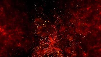 Fiery sparks on a red fiery background, carried by the wind, change direction, creating a whirlwind and rising into the sky. video
