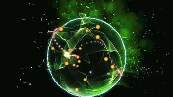A sphere of green magma emits green sparks and smoke. The sphere is surrounded by a sparkling aura and chaotic particles of atoms. video