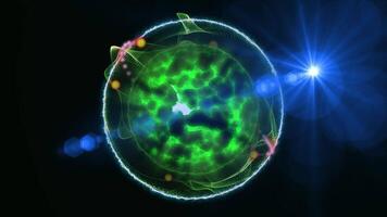 green magma sphere surrounded by a sparkling aura and chaotic particles of atoms video