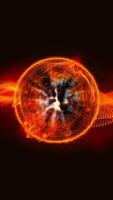 A planet-shaped orange sphere surrounded by an energy dome, on an abstract wave-like background. video