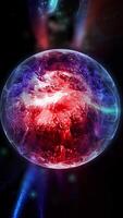 A purple sphere filled with plasma moving in a spiral, on an abstract wave-like background. video