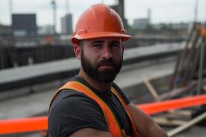 A man with a beard and orange hard hat standing in front of a construction site photo