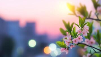 A beautiful pink flower is in front of a city photo
