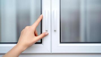 A person's hand is touching the window handle photo