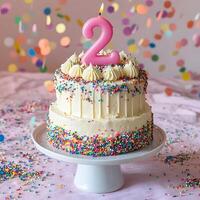 2nd year Happy Birthday cream cake. 2th anniversary celebration Template. and fancy background photo