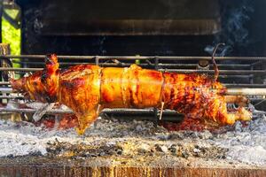 Whole pig spit roasted. Pig roasted on a barbecue spit. Outdoor Barbecue grill in open bbq pit. The little pig is roasted whole on an open fire. photo