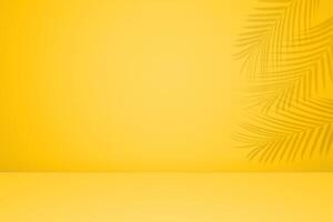 Empty palm shadow texture pattern cement on yellow wall background Summer tropical minimal concept photo
