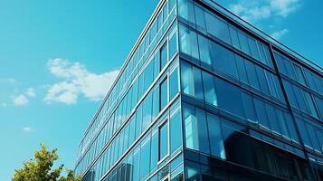 Trees and sky reflecting off the surface of a glass office building photo