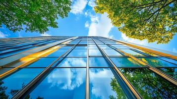Modern architecture surrounded by trees and a bright blue sky photo