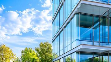 Glass facade of an urban office building with trees in the background photo