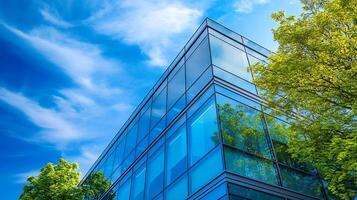 Glass office building close-up with reflections of clouds in windows photo