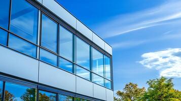 Innovative glass office design complemented by trees and open skies photo