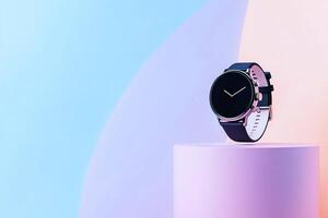 A vibrant gradient background with a watch mockup, featuring a digital time display for wearable tech photo