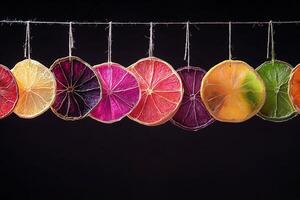 Abstract patterns of dehydrated fruit slices hanging, an artful take on healthy snacking photo