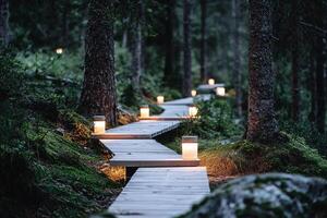 Eco friendly inventions forest pathways lit by powered lamps, showcasing harmony between tech and nature photo