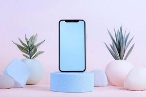 A minimalist phone mockup with an editable screen, featuring a soft pastel gradient background photo