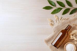 Wooden texture table with an artisan crafted bottle, perfect for sustainable and earthy mockup displays photo