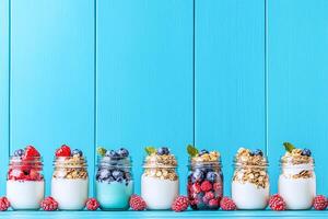 Layered yogurt, berries and granola in mason jars colorful breakfast for on the go photo