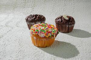 a cupcake with sprinkles and a chocolate cupcake photo