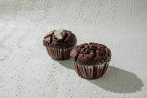 two chocolate muffins sitting on a white background photo