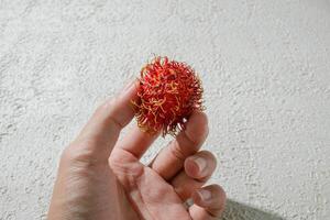 hand holding Fresh red rambutan on a textured white background, perfect as a digital asset for design projects, posters, advertisements, or creative media photo
