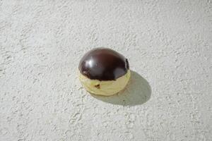 a chocolate covered pastry sitting on a white surface photo