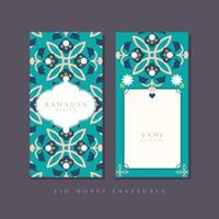 Ramadan Kareem money envelope design with Moroccan elements and symbols like a lamp, mosque, and crescent, ideal for the joyous celebration of Idul Fitri. vector