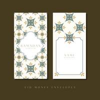 Eid Mubarak money envelope template design with Moroccan motifs, showcasing traditional symbols like the mosque, lamp, and crescent for a joyful holiday. vector