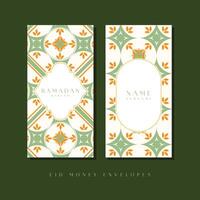 Ramadan Kareem money envelope design with Moroccan-inspired patterns and symbols such as a lamp, mosque, and crescent, perfect for the festive Idul Fitri occasion. vector