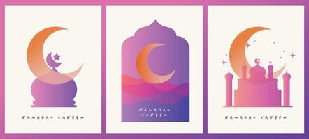 Collection of modern style Ramadan Mubarak colorful designs. Greeting cards, backgrounds with windows, arches, moon, mosque dome, and lanterns. vector