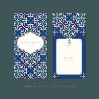 Lebaran money envelope template featuring traditional symbols like a mosque, lamp, and crescent in a Moroccan design for a cheerful Eid Mubarak celebration. vector