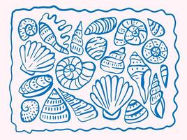 Sea shell collection in doodle ink style. Drawing of Scallop on outline style. Pencil drawn design elements. vector