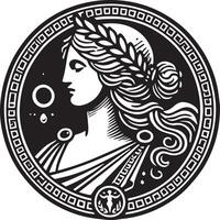 simple black and white illustration of Persephone, featuring her with flowing robes and a pomegranate, embodying her duality as the goddess of spring and queen of the underworld in Greek mythology vector