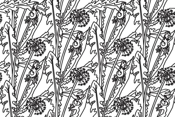 Black and white botanic abstract seamless pattern with dandelion flowers illustration. Repeating line art floral print. Graphic design for Wedding invitation Cover Wrapping pack Greeting card