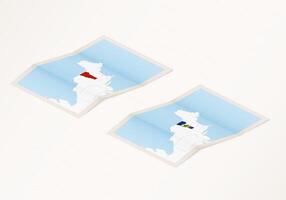 Two versions of a folded map of Vermont with the flag of the country of Vermont and with the red color highlighted. vector