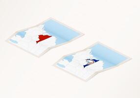 Two versions of a folded map of Virginia with the flag of the country of Virginia and with the red color highlighted. vector