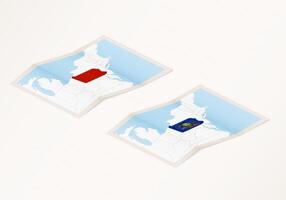 Two versions of a folded map of Pennsylvania with the flag of the country of Pennsylvania and with the red color highlighted. vector